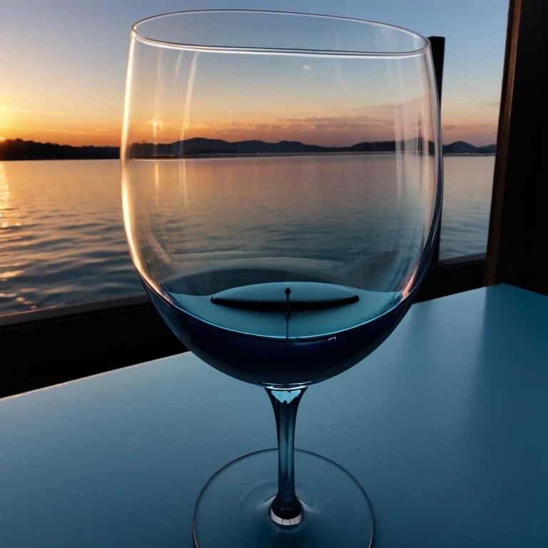 (((Empty long blue wine glass))),sunset sky,