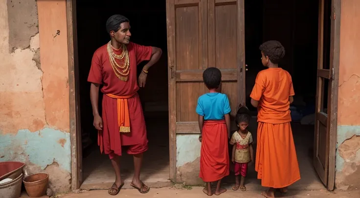 a boy in indian clothes, roupas cor vermelha, cor de pele preta, menino negro, mele is talking to his old parents, he is in the ...