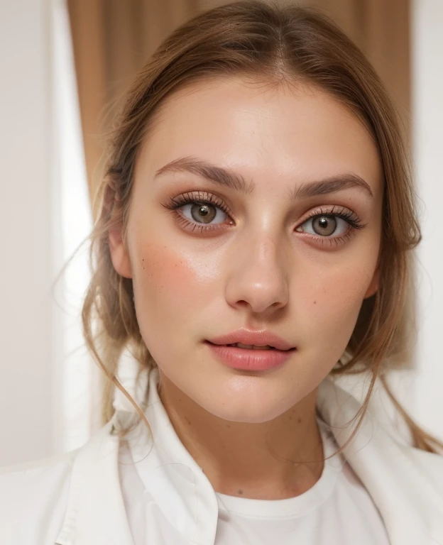 a close-up of a woman wearing a white shirt and a white jacket, size, powerful, dicke Augenbrauen, makellose Olivenhaut, wunderbeautiful attraktives Gesicht, sexy Gesicht mit vollem Make-up, beautiful, gut abgerundetes Gesicht, pretty female phoebe tonkin,...