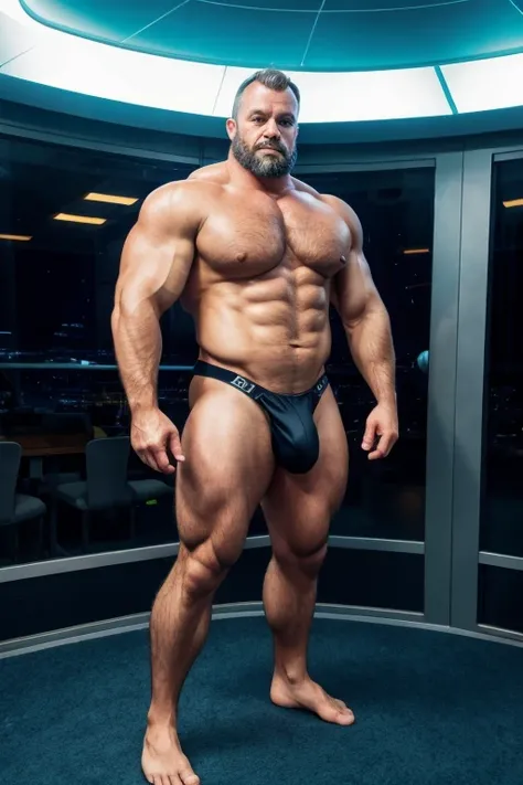 full body portrait, strong burly hairy mature older man, broad shoulders, round belly, thick feet, bulging micro thong, barefoot, scifi spaceship captain uniform, neon lights, best quality elegant masterpiece