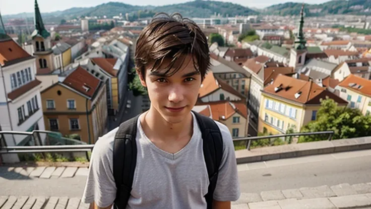 Student Guy, and behind it the beautiful sunny city of Graz is in the background