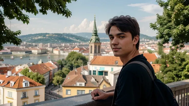 Student Guy, and behind it the beautiful sunny city of Graz is in the background