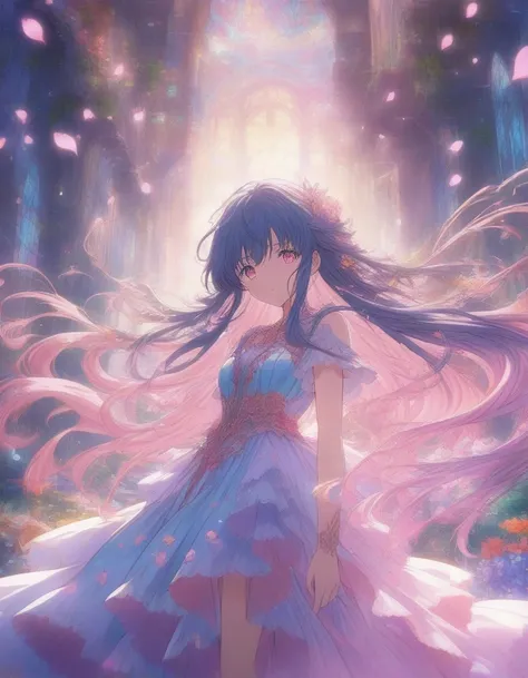 1girl, Magical Girl in a Surreal Landscape, vibrant anime and fantasy art styles inspired by CLAMP and P.A. Works, Digital illustration, the magical girl (hovers above a field of flowers, her flowing dress and long hair illuminated by a soft glow as sparkl...