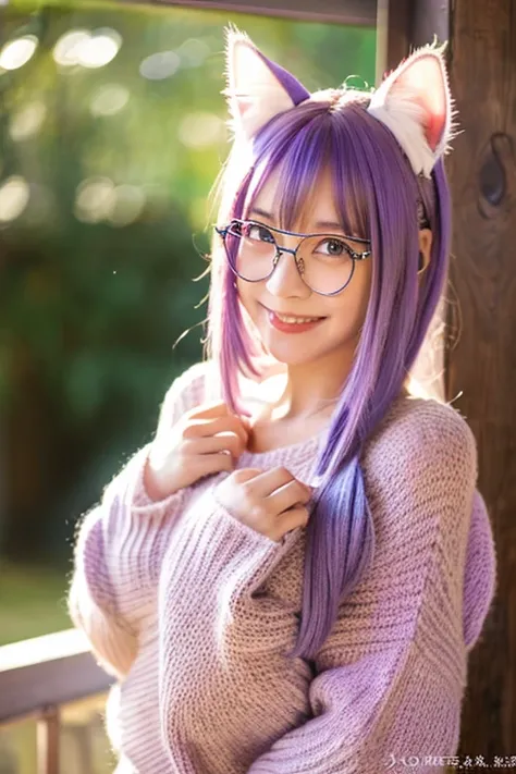 masterpiece, highest quality, 1 girl, ((looking at the viewer)), lilac hair, purple eyes, long hair,  Ahoge, sweater, sweater skirt, pantyhose, 163cm, hair between eyes, big breasts, adult, 24-years-old, mature, Glasses, alone, only, smile, Cat ear, cat ta...