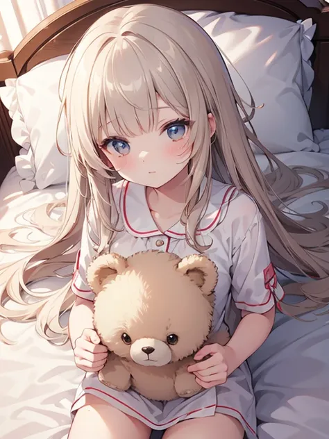 masterpiece, best quality, ultra-detailed, illustration, cute, Girl, Solo, from above, beige hair, long hair, wavy hair, blunt bangs, blouse, sleep, close eyes, wearing Pajamas, bed room, hag a stuffed teddy bear, lie down on the bed