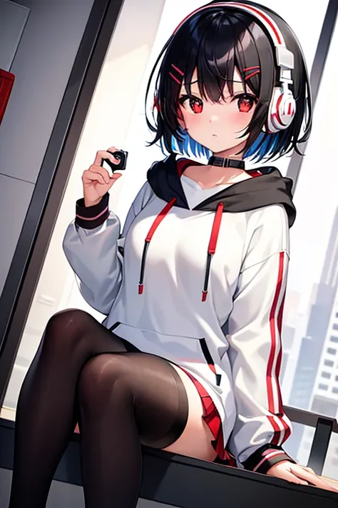 masterpiece、Highest image quality、ultra high resolution、Medium-sized elementary school girl、red and large eyes,、black hair、short hair、The hair inside is colored、(Two red hairpins)、red face、shyly、(Wearing headphones)、（black tights）、white hoodie、have a camer...