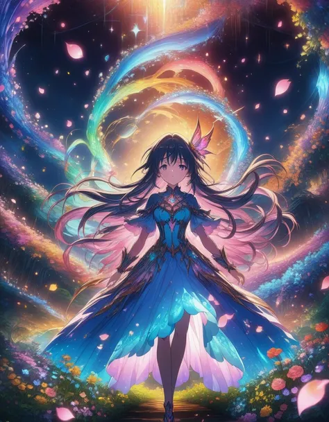 1girl, Magical Girl in a Surreal Landscape, vibrant anime and fantasy art styles inspired by CLAMP and P.A. Works, Digital illustration, the magical girl (hovers above a field of flowers, her flowing dress and long hair illuminated by a soft glow as sparkl...