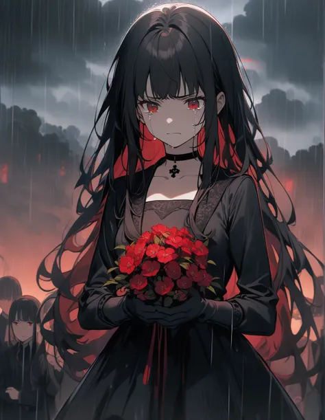 1 girl, black hair, red eyes, long hair with bangs with a red gradient on her hair, dressed in a black short dress with a neckline, medium chest, choker, very long gloves, holding red flowers in her hands, crying, angry, angry and crying, funeral, outside,...