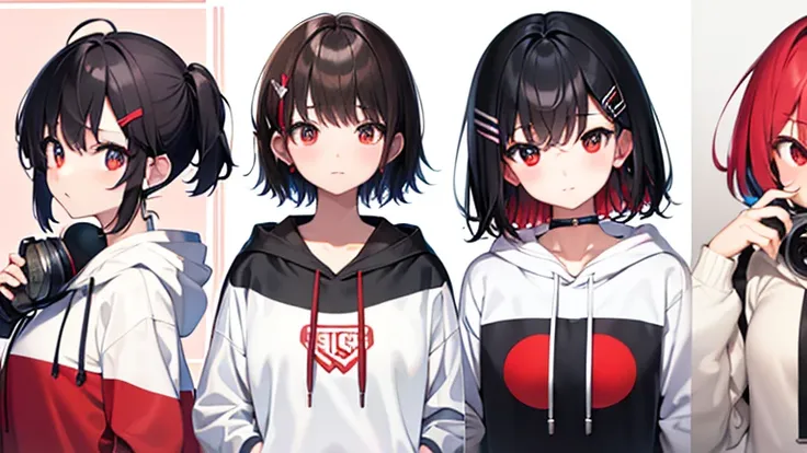 masterpiece、Highest image quality、ultra high resolution、Medium-sized elementary school girl、red and large eyes,、black hair、short hair、The hair inside is colored、(Two red hairpins)、red face、shyly、(Wearing headphones)、（black tights）、white hoodie、((I have a m...