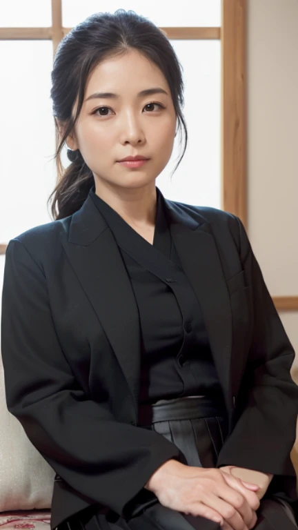 ((1 woman,Japan&#39;s most beautiful face,40 years,old face,mature woman,There are wrinkles at the corners of the eyes,perfect gas chamber,Taken close up,look at the camera,watch here)),((((black shirt,black suit jacket,black skirt)))),((pearl necklace,ele...