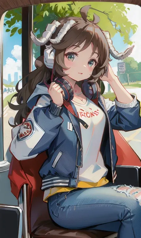 1 girl,(((jacket,headphones,jeans,sitting,horn))),,chair