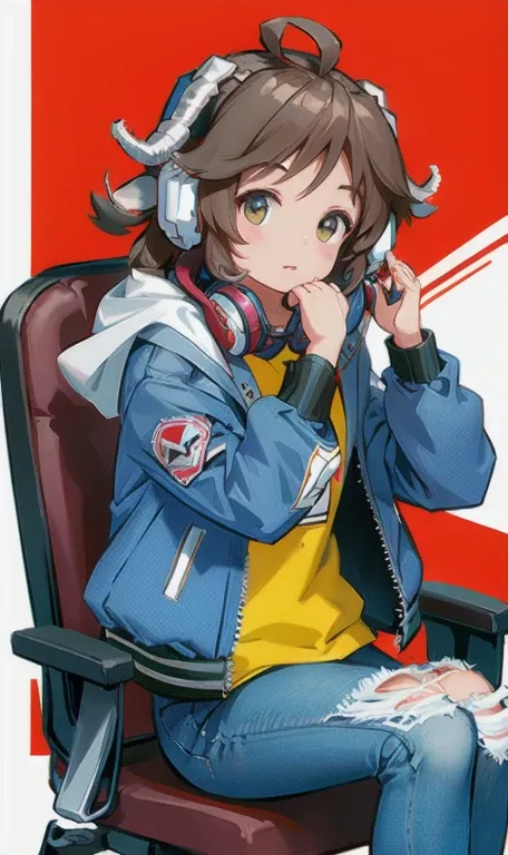 1 girl,(((jacket,headphones,jeans,sitting,horn))),,chair