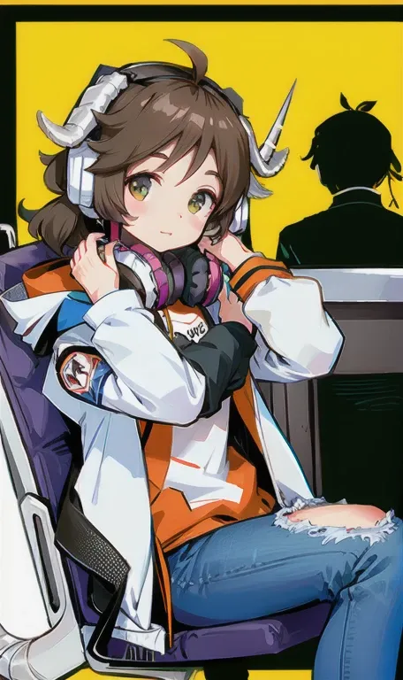 1 girl,(((jacket,headphones,jeans,sitting,horn))),,chair