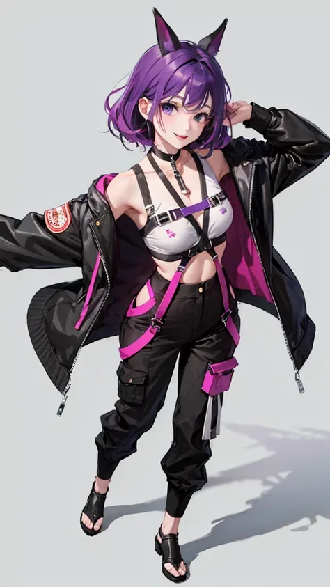 purple hair girl,medium hair,Harness,pants,simple background,smile,whole body,full body,full body,Standing picture,vtuber,front,from front,Viewer&#39;s perspective,視線をfrontに,