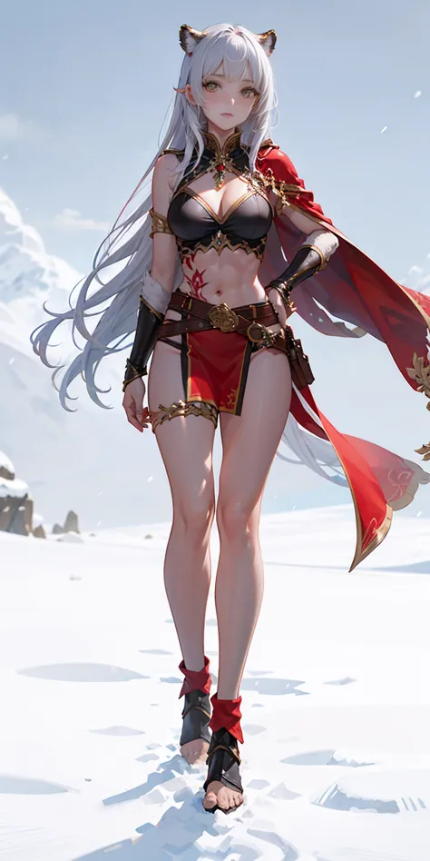 full body standing straight symmetrical, FEMALE warrior princess, big belt around waist, hair, very white skin like snow, strong abs, red tattoo belly, red loincloth, tiger bikini, blue cape, sleeveless, black long socks