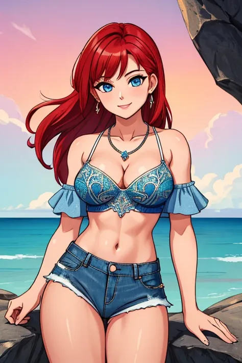 masterpiece,,((ultra detailed background, delicate pattern, intricate detail)), (highly detailed, fine details, rich colors), best quality, beautiful lighting, 1girl, young woman at 22, red hair, solo, long hair, blue eyes, smile,((medium breasts, perfect ...