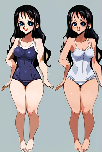 Woman defined body thick thighs cybernetic body parts, fonte_anime,  churrasco, cabelo longo, cabelo verde, chifres brancos, flor de cabelo, olhos amarelos, colarinho destacado, decote, school swimsuit, blue one piece swimsuit, luvas de cotovelo, luvas bra...