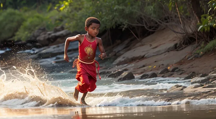 a boy in indian clothes, roupas cor vermelha, cor de pele preta, menino negro, indigenous boy, correndo de ataque de crocodilo, ...