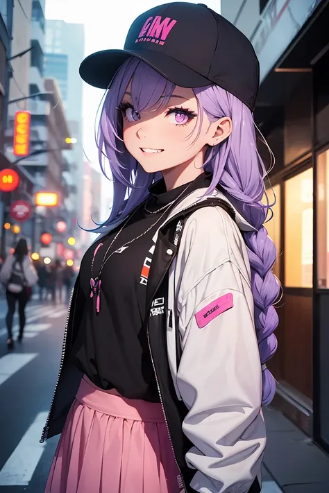 ((1 girl)), latest trend clothes, neon color fashion, Street fashion,Oversized jackets, denim mini skirt,trucker cap, cowboy shot,((Super detailed,highest quality, High resolution, 8k wallpaper, beautiful clothes,)),((light purple hair, shortcut,braided ha...