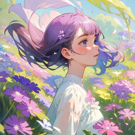 (highest quality, masterpiece, surreal), Portrait of a beautiful and delicate profile girl, Playful and cute, Petals are floating in the background,Moss Phlox Flowers