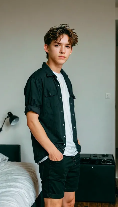 realistic cinematic amateur phography posted to facebook, handsome tomboy and male (minimal condo) ,fujifilm xt3, canon r5