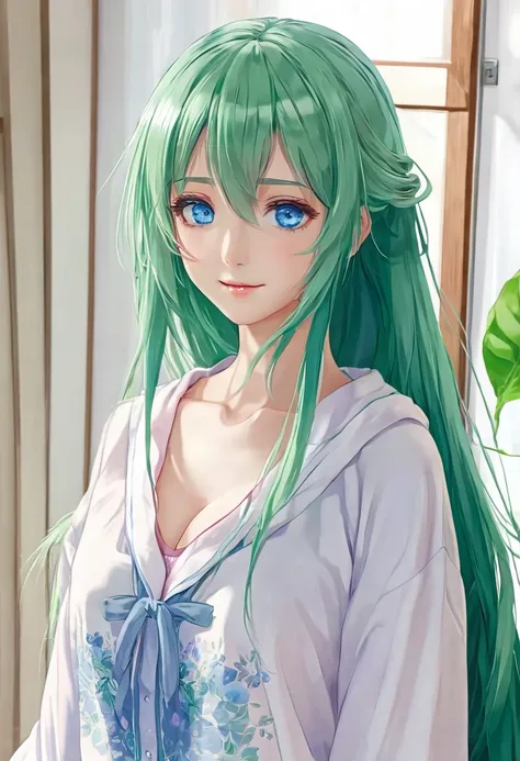 Anime girl, blue eyes, long green hair, beautiful girl wearing home clothes 