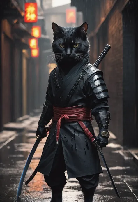 high resolution, high quality, masterpiece.anthropomorphic cat dressed in in a ninja costume, a katana in a scabbard on his back...