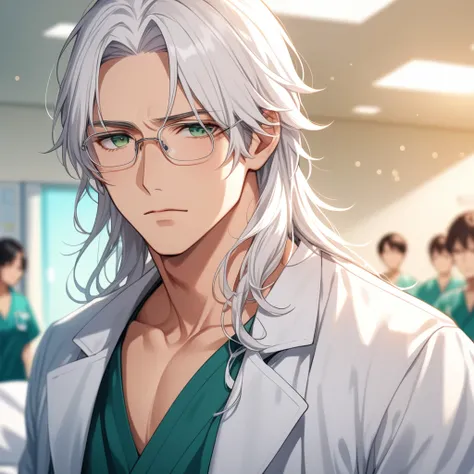 (masterpiece, best quality:1.2), (1boy), solo, 8k, white hair, ((long hair)), glasses, handsome male, very detailed, doctor, anime style, at a hospital, standing next to a hospital bed, white coat, blushing, beautiful green eyes, dynamic perspective, sharp...