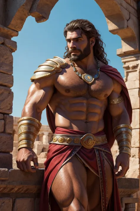 Muscular gladiator, upper body revealed, legs uncovered from thighs to feet, adorned with a beaded beard, flowing long curls, intricate muscular details, photorealistic artwork, 4K resolution. Background: Ancient Roman arena.,32k uhd, best quality, masterp...