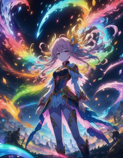 1girl, A magical girl standing victorious over a defeated fantastical enemy, surrounded by a rainbow of magical energies swirling around her in rich varied colors. Dynamic, brightly lit manga panel artwork . (masterpiece), (best quality), (ultra-detailed),...