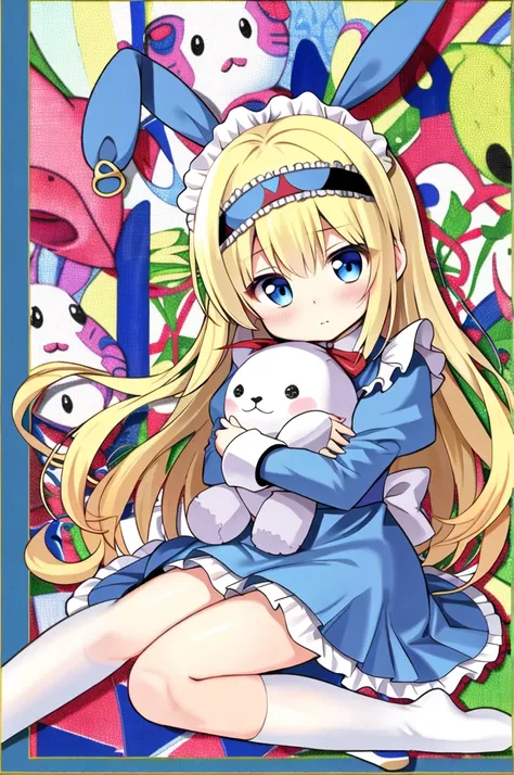 1 girl、(Top quality high resolution)、((A masterpiece of the highest quality:1.2))、blonde hair、blue eyes、Blue headband、(alice in wonderland)、white shirt、The sleeves are fluffy、blue apron、(No panties、Pussy、spread pussy、nsfw)、forested background、ウサギのstuffed t...