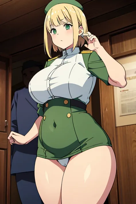 girl with blonde hair green eyes in a tight officer costume (aressting a fat man) girl has thick thighs big breast

