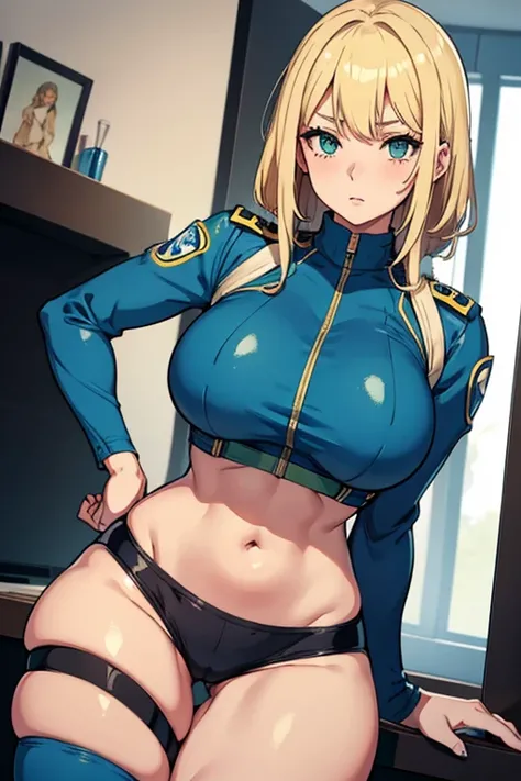 girl with blonde hair green eyes in a tight blue officer costume girl has thick thighs big breast she has black short tight shorts on