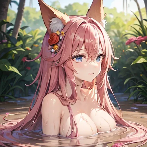 ((Infinitely long and curly pink hair ((adorned with flowers)), extremely messy and shaggy hairstyle)). ((Head and both shoulders portrait, A very happy cute adult woman is bathing nude in a shoulder deep mud river, fully submerged, a colorful masterpiece,...