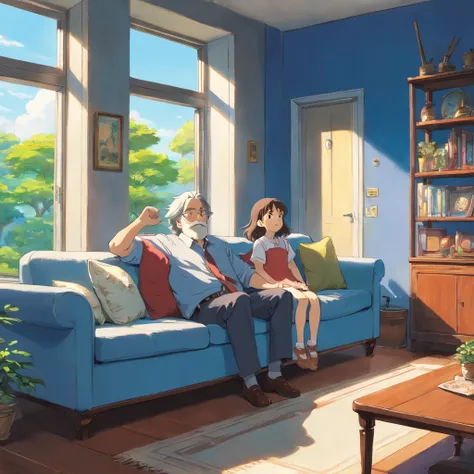 Gray sofa, blue wall, white windows. On a sunny afternoon, a father lies on the sofa and a 5-year-old daughter jumps on her father&#39;s back.