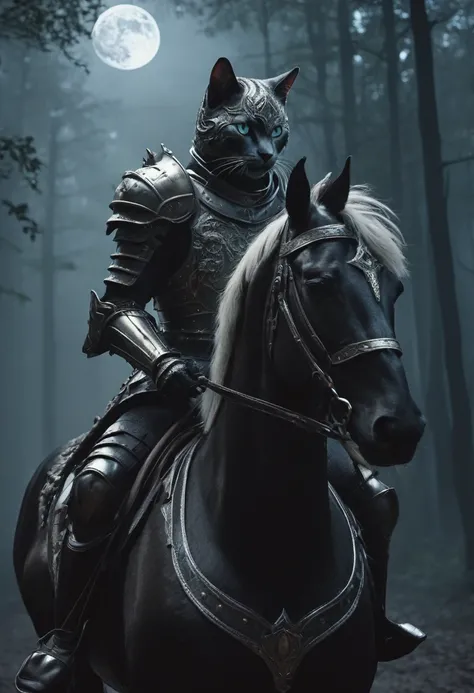 High Resolution, High Quality, Masterpiece.Anthropomorphic cat In the armor of a knight, riding a horse, Noir style, In the armor of a knight, riding a horse. The dark forest, the moon in the sky, the fog, the eyes of ghosts sparkle in the fog., cinematic ...