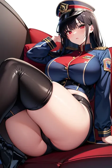 girl with black hair red eyes in a tight blue officer costume girl has thick thighs big breast she has black short tight shorts on