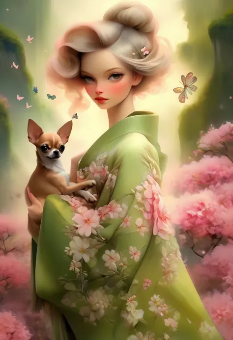 A beautiful woman in a kimono decorated with moss pink flowers stands like a beautiful model。、holding a small chihuahua in his arms,,whole body,Butterflies dance,Moss Phlox flowers with a valley in the background, background number 28,beautiful digital ill...