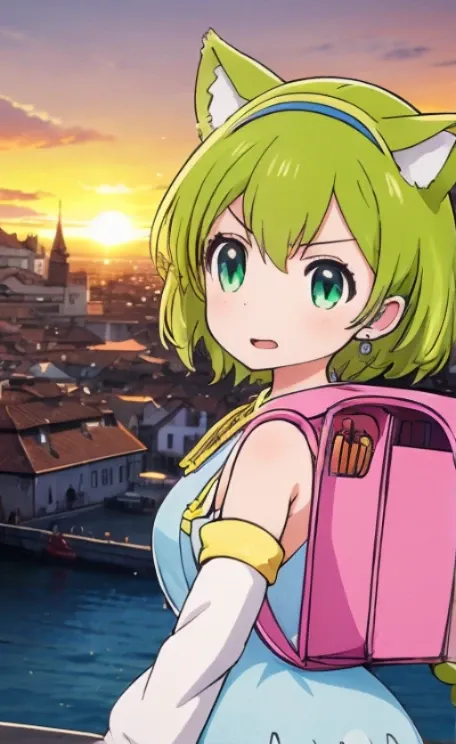 ,1girl, solo, green hair, open mouth, cat ear, tail, detached sleeves, dress, clothes, backpack, randoseru, Venezia, beautiful city with a view of the ocean, sunset, she is watching the sunset,cute girl pose,