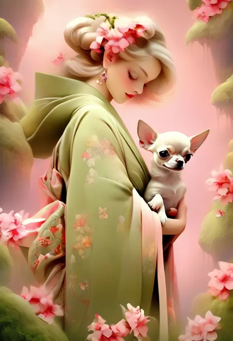 A beautiful woman in a kimono decorated with moss pink flowers stands like a beautiful model。、holding a small chihuahua in his arms,,whole body,Butterflies dance,Moss Phlox flowers with a valley in the background, background number 28,beautiful digital ill...