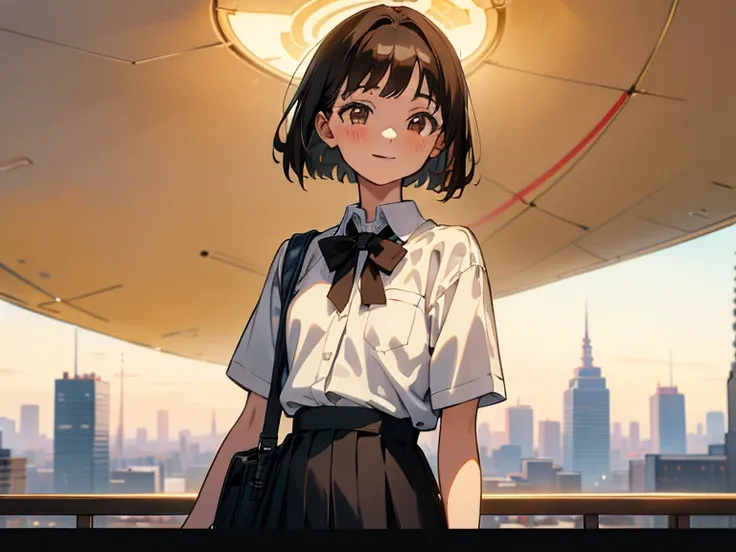 ((((Happy face)))),(((Long shot, taken from the front, 1 girl, white , black skirt, short bob, brown hair, golden eyes, 14 years old, short height, city girl))), ((On the way home from school)), ((Uniform)), (Masterpiece), (High resolution), (Top quality),...