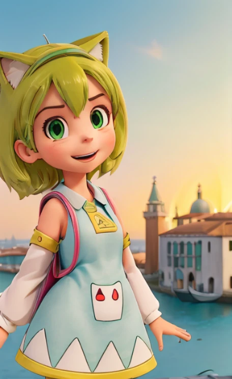 ,1girl, solo, green hair, open mouth, cat ear, tail, detached sleeves, dress, clothes, backpack, randoseru, Venezia, beautiful city with a view of the ocean, sunset, she is watching the sunset,cute girl pose,