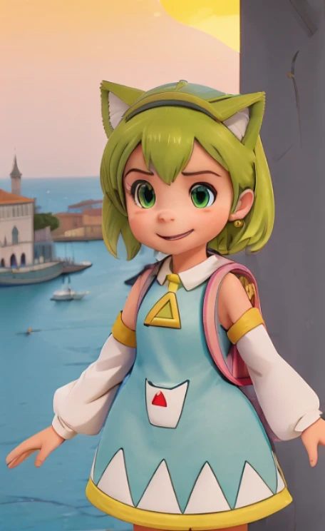 ,1girl, solo, green hair, open mouth, cat ear, tail, detached sleeves, dress, clothes, backpack, randoseru, Venezia, beautiful city with a view of the ocean, sunset, she is watching the sunset,cute girl pose,