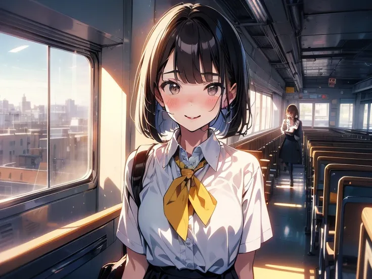 ((((Happy face)))),(((Long shot, taken from the front, 1 girl, white , black skirt, short bob, brown hair, golden eyes, 14 years old, short height, city girl))), ((On the way home from school)), ((Uniform)), (Masterpiece), (High resolution), (Top quality),...