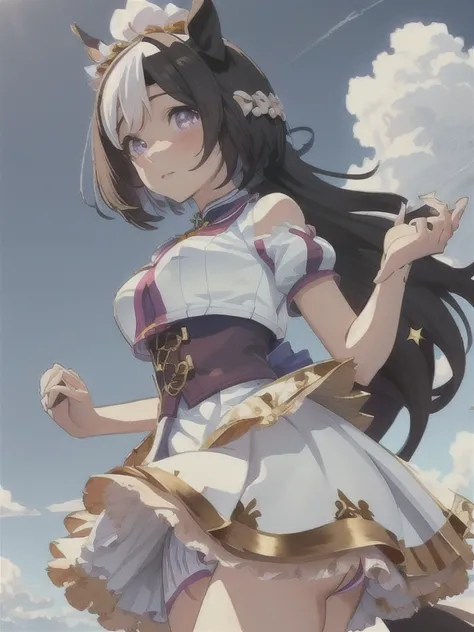 topquality, Horse Girl, special week (umamusume), Perfect skin, realisic skin, Detail Skin, 8K, the perfect body, perfect foots, tail, white clothes with gold patterns, golden ceiling skirt, white skirt, Sky City, clouds, blue sky