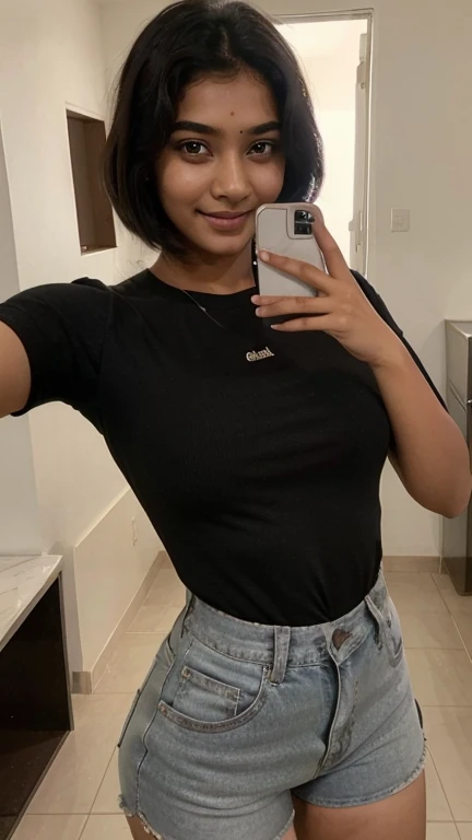 Indian girl, drooping eyes, cute smile, model face, brown skin, 18 years old, big , wearing tight shirt, selfie, short black hair, looking at viewer, inside room, upper body