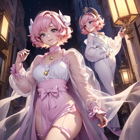 ((Masterpiece: 1.5, best quality, high resolution: 1.3, super resolution, super detailed, ultra detailed: 1.3, rich background: 1.2, Perfect Anatomy:1.5, 1 woman) pale skin + light pink hair + short curly hair + eyes violets + female figure + medium chest ...