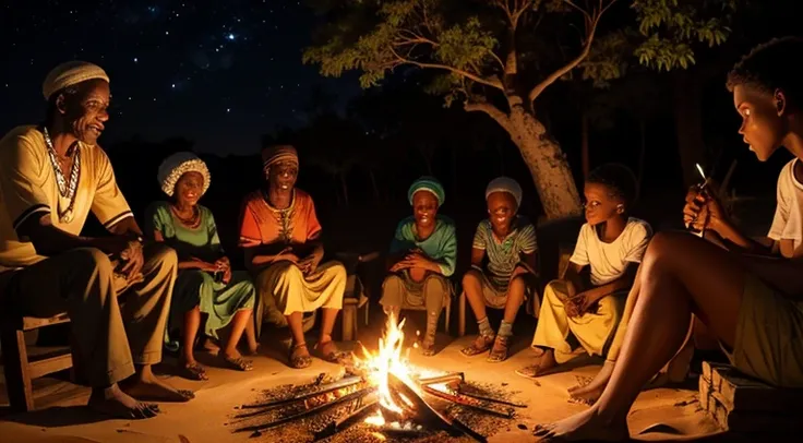 pessoas adultas de aldeia africana, african elders telling campfire stories to children, aldeia africano na mata, a noite, child...