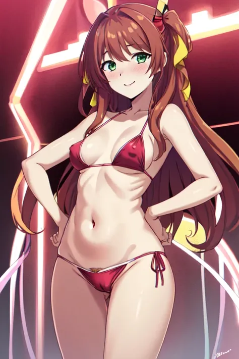 (masterpiece, highest quality:1.2), High resolution, 4k, 8K,baby face,girl,blushing,fever, red bikini,Smile,brown hair, long hair, 長いtwin tailsヘア, Yellow hair ribbon, Escalayer-style bangs, green eyes,very big eyes, twin tails,white skin,Shoulder hair, red...