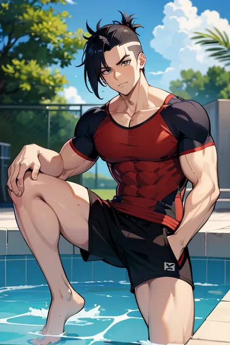 25 year old male bodybuilder anime character wearing shorts with a mohawk hairstyle coming out of a pool looking at someone
